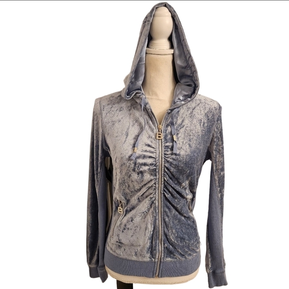 Vintage 90s Y2K BCBGMaxazria Rhinestone Velour Zip Up Hooded Track Jacket Blue - Picture 2 of 16